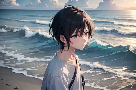 Create an image of a melancholic anime boy gazing out at the sea, with tears in his eyes and a sense of longing in his expressio...