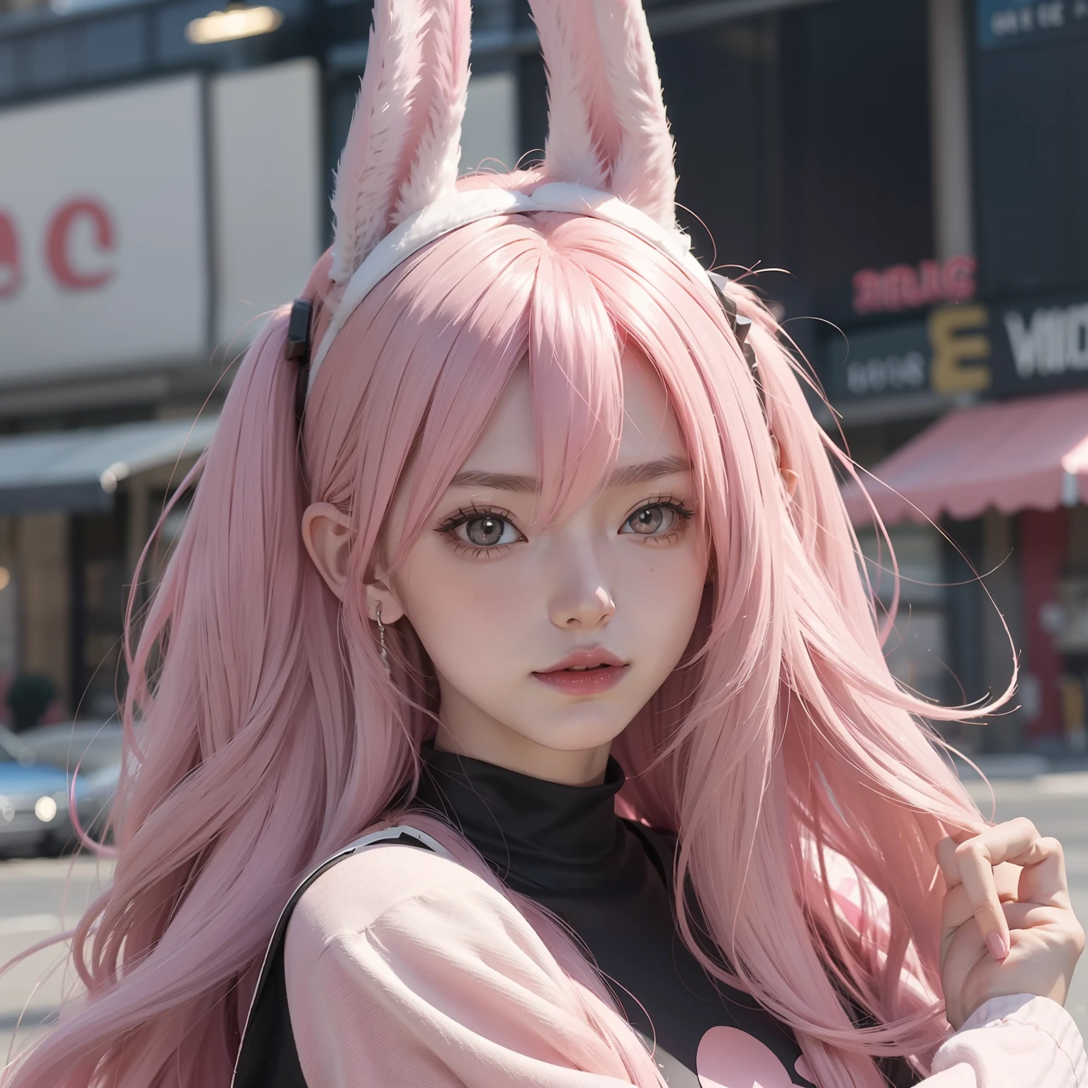 Anime style, Cartoon close-up of a woman with ears and a rabbit tail, There is a rabbit tail, With rabbit ears, Girl design, Mara, Portrait, Gisha, Anime image, Long hair, Pink hair, hair covering ears, cheerfulness, Polished and powerful appearance, Exotic, Tall