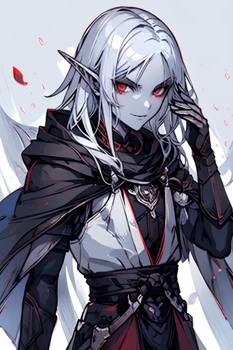 red-eyes, hairlong, light grey hair, black cloak, tmasterpiece, beste-Qualit, 独奏, Ashen skin, sharp ears, Drow the Dark Elf, A s...