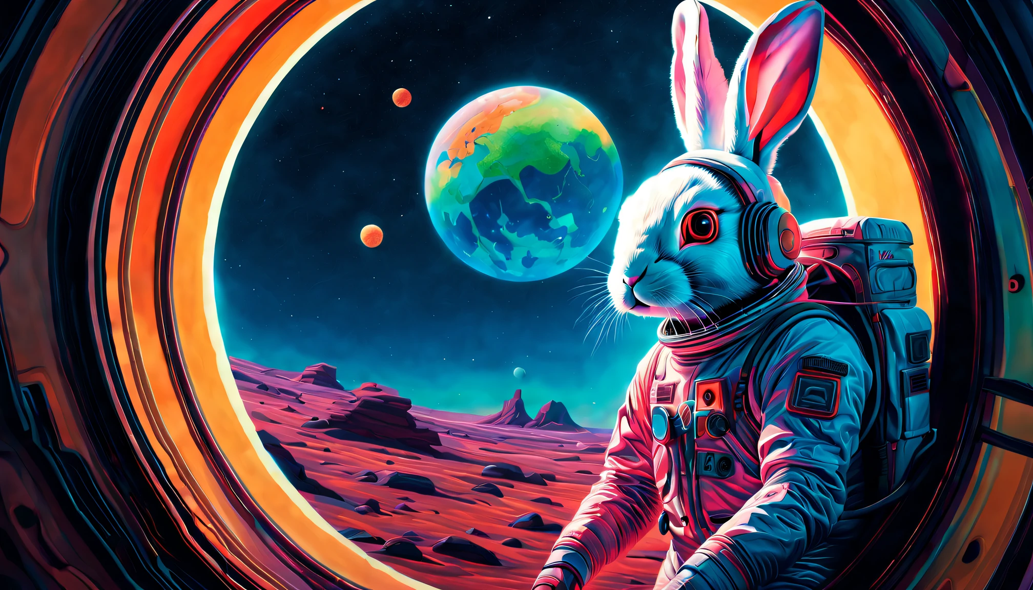 oil painted，(((A bioluminescent rabbit))), horrified expression, Dressed in a high-tech spacesuit,  Stand on the windowsill，Look at the Earth with a space background in front of you, Post-apocalyptic background style, Bright warm colors, Movie poster, Compelling documentary photographs, Earthworks, metallic rotation, IMAX, 21st century, The man in the spacesuit is gone & Wander through a landscape surrounded by planets, In the style of Imax, Anna Dietman, Alexey Briklot, Alex Colville, centered image, hyper detailed illustration, posing on a, (Four colors), Whimsical, Enchanting, children's storybook, (ink lines:1.1), strong outline, art by mschiffer, Bold markers, unframed, High contrast, (cel-shaded:1.1), vectorial, 32K resolution, Best quality, Flat colors, Flat lights. The fusion of art and mathematics, ultra - detailed, trending on art station, Sharp focus, Studio photography, intricately details, Highly detailed, Centered, perfectly symmetrical,