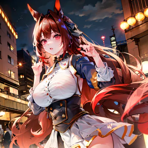 ((top-quality、8k、​masterpiece:1.3))、daiwa scarlet、red-brown hair、twin-tailed、long、very long horse ears、red eyeball、red eyes、shar...