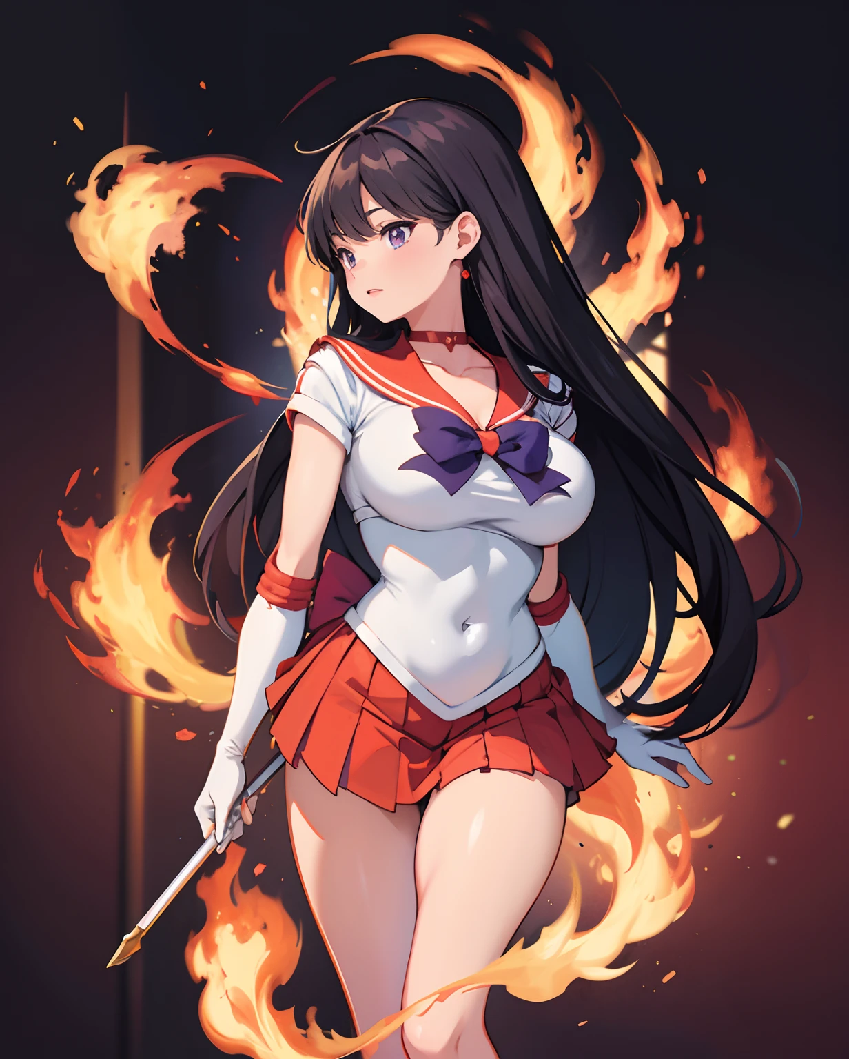 tmasterpiece，best qualityer，absurderes，perfectanatomy，1girll，solo，SMMars，headdress，Very long hair，Parted bangs，Sailor warrior uniform，Red sailor collar，huge tit，underboobs exposed，Fitness model，Long-legged dirt，Red skirt，gloves on the elbow，standing on your feet，cow boy shot，ssmile，Cartoon flame in the background，stylized background