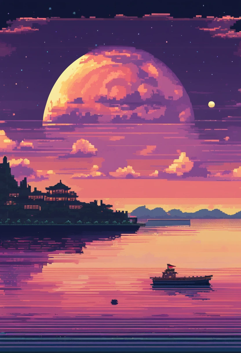 Pixel art of giant moon rising on calm sea, beautiful detailed pixel art, detailed pixel art, Lofidel retro video game, concept pixelart, detailed pixel artwork, Pixel art style, pixel town, pixel art animation, high quality pixel art, Dolphins jump out of the sea, super detailed color lowpoly art, #Pixel art:3, # Pixel art, #Pixel art