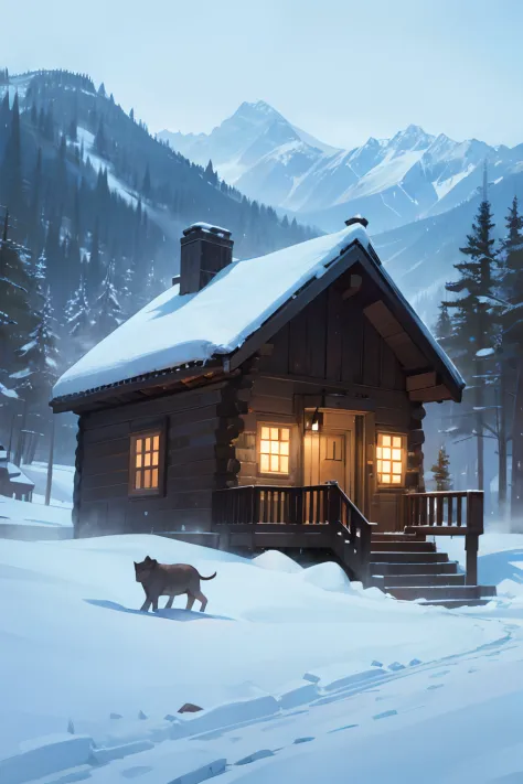 hillside cabin in the mountains, surrounded by wildlife and snow