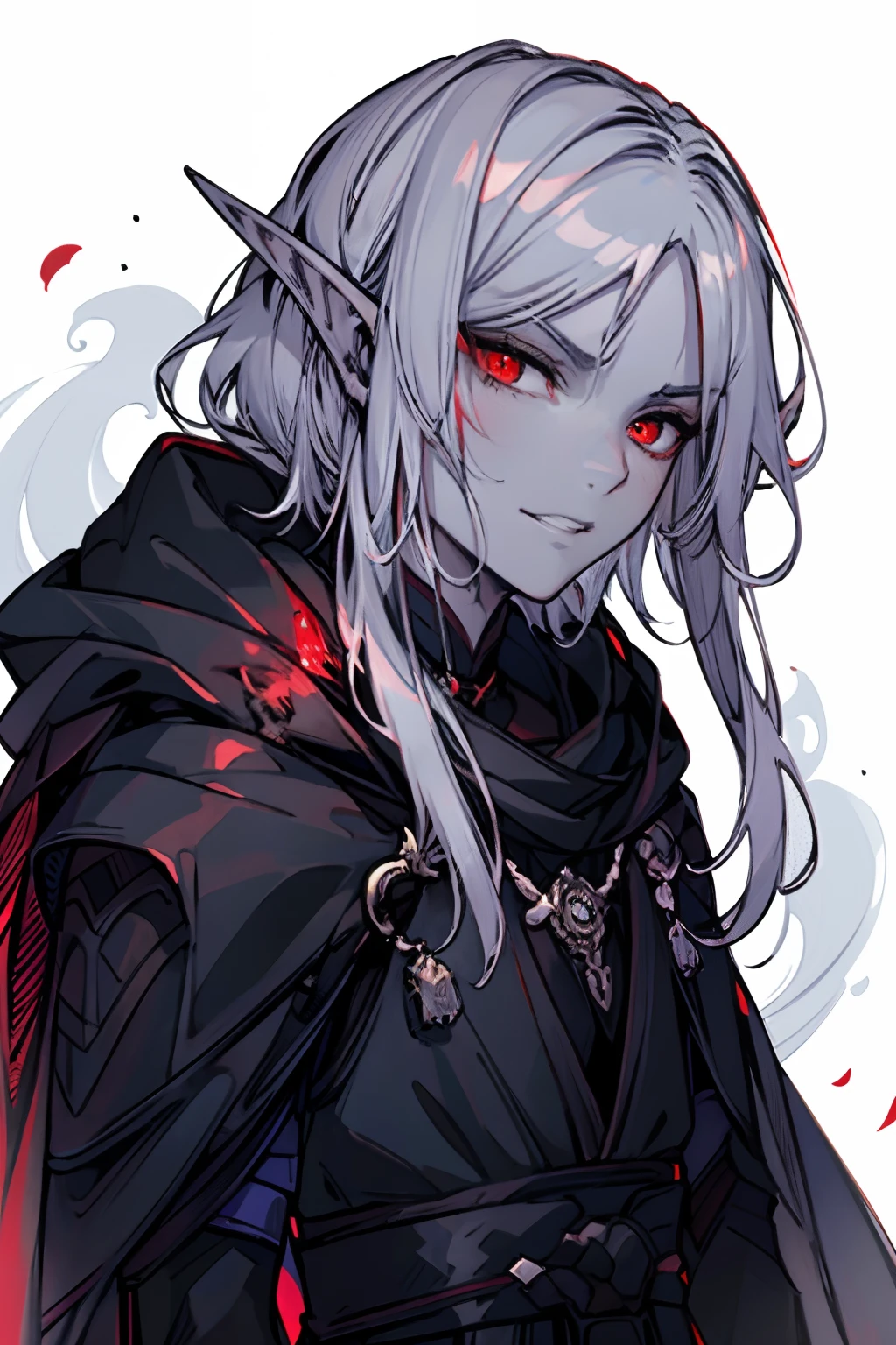Best Quality, 8K, Masterpiece: 1.3, Clear Focus: 1.2, red-eyes, hairlong, light grey hair, In a black robe, tmasterpiece, beste-Qualit, solo, Ashen skin, sharp ears, Drow the Dark Elf, A smirk on his face,