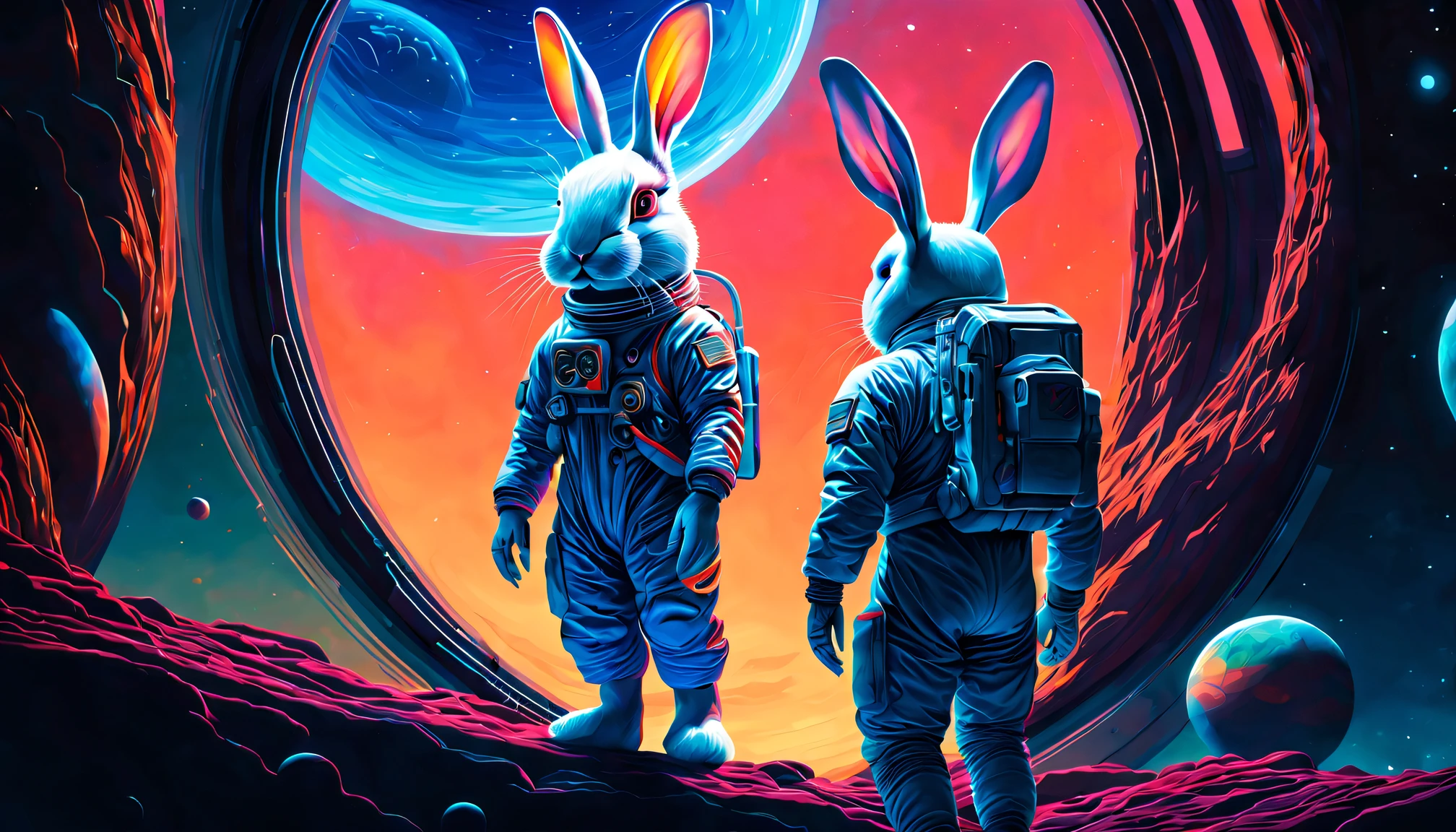oil painted，(((A bioluminescent rabbit))), horrified expression, Dressed in a high-tech spacesuit,  Stand on the windowsill，Look at the Earth with a space background in front of you, Post-apocalyptic background style, Bright warm colors, Movie poster, Compelling documentary photographs, Earthworks, metallic rotation, IMAX, 21st century, The man in the spacesuit is gone & Wander through a landscape surrounded by planets, In the style of Imax, Anna Dietman, Alexey Briklot, Alex Colville, centered image, hyper detailed illustration, posing on a, (Four colors), Whimsical, Enchanting, children's storybook, (ink lines:1.1), strong outline, art by mschiffer, Bold markers, unframed, High contrast, (cel-shaded:1.1), vectorial, 32K resolution, Best quality, Flat colors, Flat lights. The fusion of art and mathematics, ultra - detailed, trending on art station, Sharp focus, Studio photography, intricately details, Highly detailed, Centered, perfectly symmetrical,