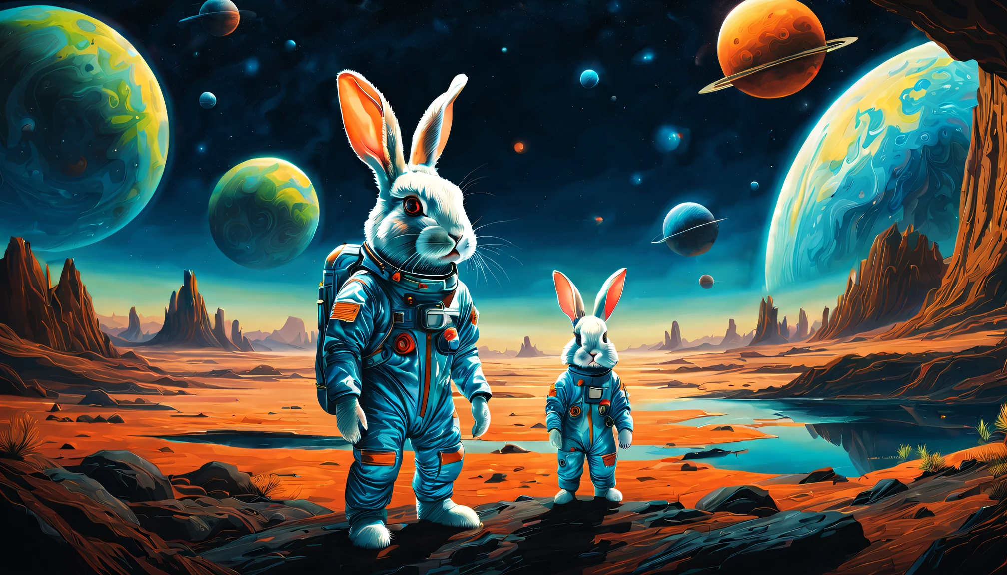 oil painted，(((A bioluminescent rabbit))), horrified expression, Dressed in a high-tech spacesuit,  Stand on the windowsill，Look at the Earth with a space background in front of you, Post-apocalyptic background style, Bright warm colors, Movie poster, Compelling documentary photographs, Earthworks, metallic rotation, IMAX, 21st century, The man in the spacesuit is gone & Wander through a landscape surrounded by planets, In the style of Imax, Anna Dietman, Alexey Briklot, Alex Colville, centered image, hyper detailed illustration, posing on a, (Four colors), Whimsical, Enchanting, children's storybook, (ink lines:1.1), strong outline, art by mschiffer, Bold markers, unframed, High contrast, (cel-shaded:1.1), vectorial, 32K resolution, Best quality, Flat colors, Flat lights. The fusion of art and mathematics, ultra - detailed, trending on art station, Sharp focus, Studio photography, intricately details, Highly detailed, Centered, perfectly symmetrical,