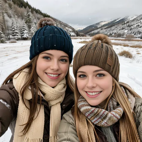 Title: "Snowy Field Adventures: Side-by-Side Selfies"
In a picturesque snowy field, two schoolgirls stand side by side, capturing their winter adventures in a delightful selfie. Both dressed in cozy jumpers and scarves, they brave the cold with no hats, sh...