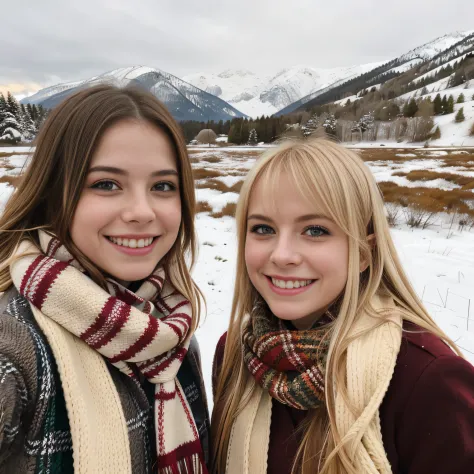 In a picturesque snowy field, two schoolgirls stand side by side, capturing their winter adventures in a delightful selfie. Both dressed in cozy jumpers and scarves, they brave the cold with no hats, showcasing their individual styles. One of them has stun...