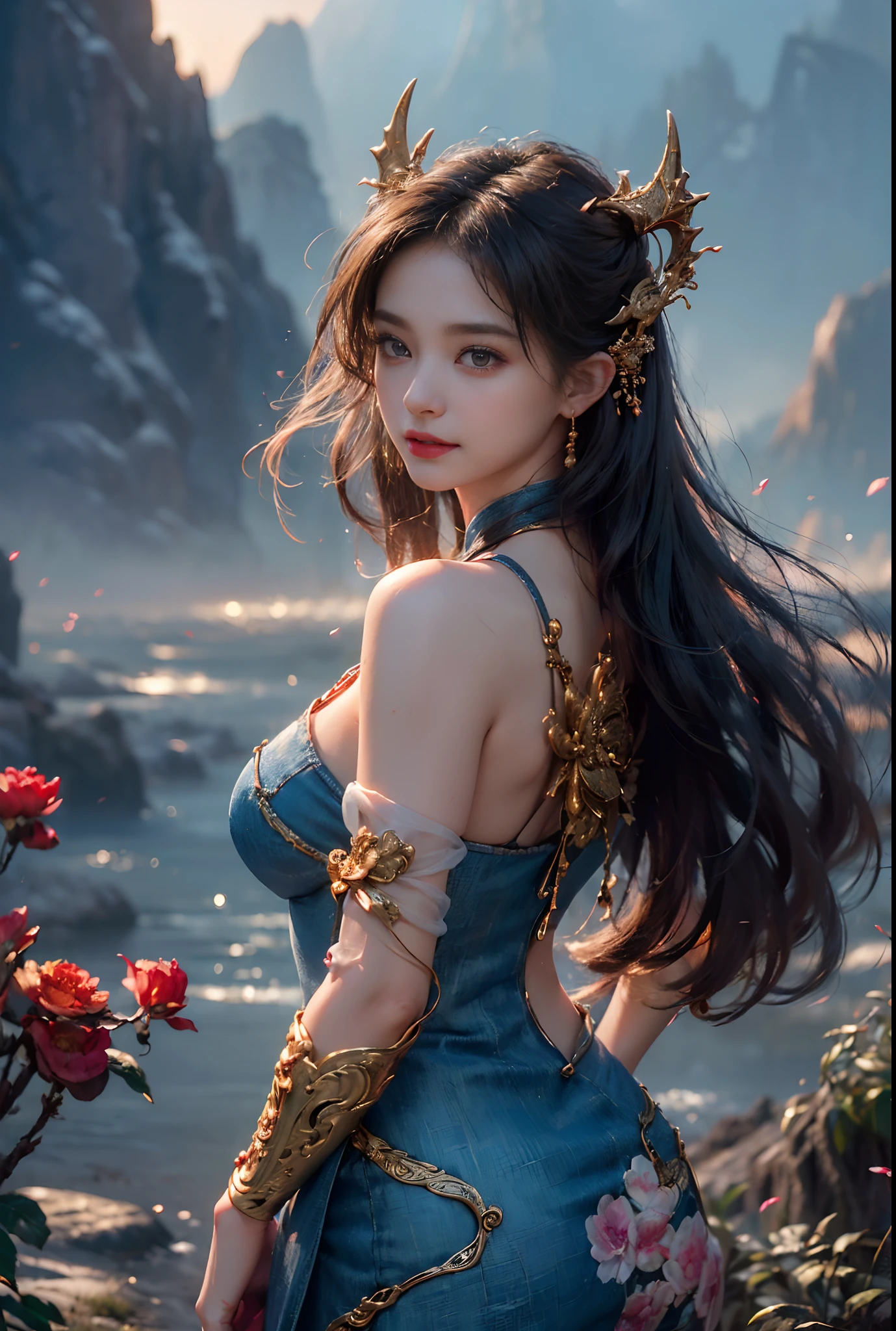 (RAW photos, best quality), (realistic, Photo Realism: 1.3), Extremely Refined and Beautiful, Amazing, Fine Detail, Masterpiece, Ultra Detail, High Resolution, (Best Illustration), (Best Shadow), Intricate, (in a crimson gold Chinese dragon, surrounded by gold dust, black flowers, trees, petals, wind, God, long wavy body, fangs, fantasy, mythology, high quality, highly detailed, masterpiece, epic, particle effects, dynamic effects, (Dragon: 1.4 in front of), clouds, storms, mountains, sunsets, clear focus, volumetric fog, 8k Ultra HD, DSLR, High quality, (Film grain: 1.4), Fujifilm XT3,Official Art, Unity 8K wallpaper, Ultra detailed, Beautiful and beautiful, Best quality, (Zen entanglement, tangled, entangled), (fractal art: 1.4), 1 girl, brunette hair, Chinese, bare shoulders, short skirt, calf, navel, very detailed, dynamic angle, denim lens, (most beautiful chaotic shape), flow, (bright colors), OC, (half: 1.2), china, (tape: 1.3), (Dream: 1.5), (Hanfu: 1.5), Chinese Dragon, (Smile: 0.5), (Chinese God), Realistic, Ultra High Resolution, Complex, Ultra Detailed, (Skin Dents), Female, Detailed Body, (Detailed Face: 1.1), (Contoured Iris), (Watercolor Lenses), (Perfect Eyes), 4K, Gorgeous, (Masterpiece: 1.2), (Best Quality: 1.2), Wide Buttocks, Thick Thighs, (Big Tits: 1.2) and (Big Tits: 1.2), Debauchery, Seductive pose.
