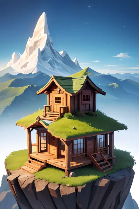 A hut towering over the mountain, masterpiece, super detail, best quality