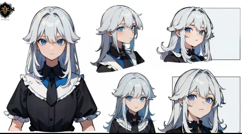 ((Masterpiece, Highest quality)), Detailed face, character sheets, full bodyesbian, 1boys,shoun，children's，Babe， Blue eyes, White hair,  Long hair， Messy hair, , hair between eye,Black loose blouse, Full of details, Multiple poses and expressions, Highly d...