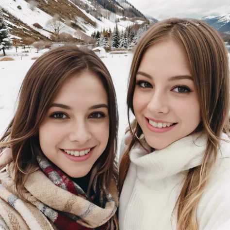 In a picturesque snowy field, two schoolgirls stand side by side, capturing their winter adventures in a delightful selfie. Both dressed in cozy jumpers and scarves, they brave the cold with no hats, showcasing their individual styles. One of them has stun...