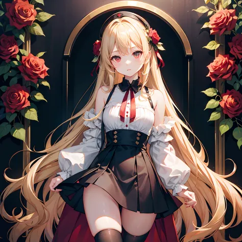 One wavy blonde girl、red eyes、off shoulders、a miniskirt、Surrounded by roses、Black tights