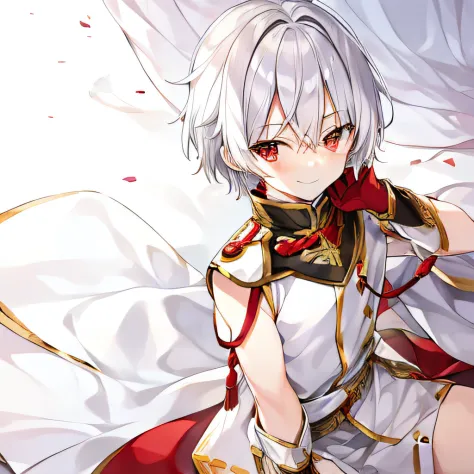 Shota White hair, delicate, red eyes, roman emperor tunic, cute, 16 years old, manic smile