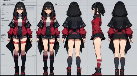 (character sheet),solo,A teen age girl , highlighted black hair, wearing a cool outfit,line art , ,character sheet detailed,3 different angles, highly detailed body parts