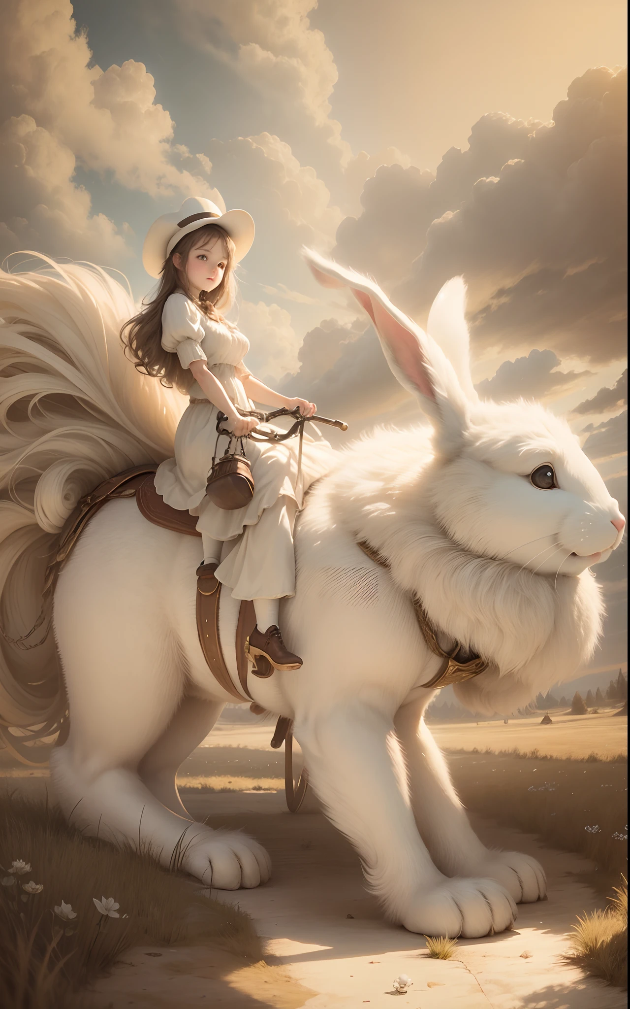 A woman riding a white rabbit on a dirt road - SeaArt AI