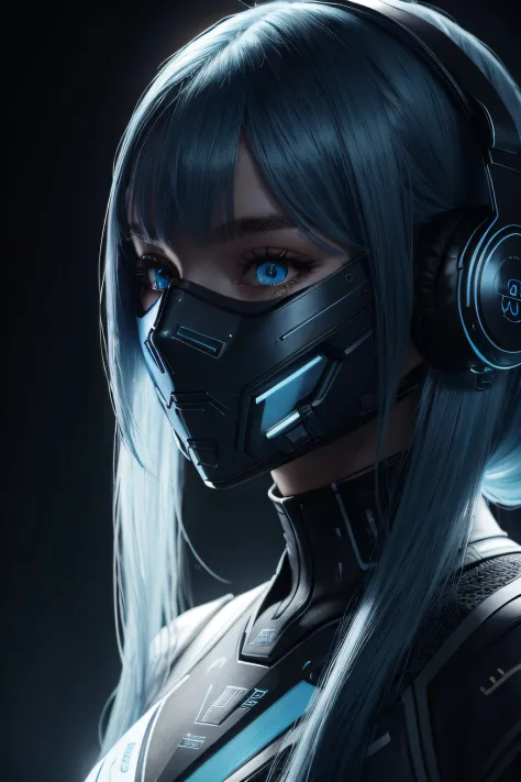 girl with long blue hair, blue eyes, futuristic vibes, mask on mouth, headphones, 8k, high quality, simple background, glowing eyes, nice pose
