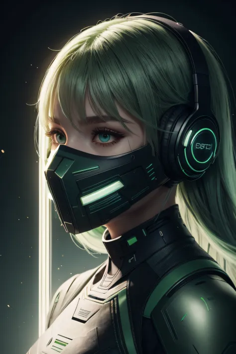 girl with long green hair, green eyes, futuristic vibes, mask on mouth, headphones, 8k, high quality, simple background, glowing...