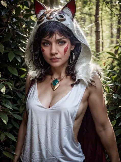 Angry face, (mononoke hime), RED MASK, 1girl, armlet, bangs, black hair, white undershirt, breasts, circlet, earrings, facepaint, floating hair, magical forest, fur cape, grey eyes, jewelry, angry looking, medium breasts, nature, necklace, outdoors,  short...