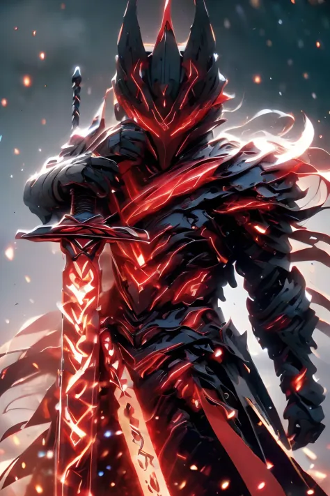 (high quality,4k,8k,highres,masterpiece:1.2),ultra-detailed,(realistic,photorealistic,photo-realistic:1.37),futuristic knight,black armor with fiery red magma details,sun-colored eyes, fair skin, curly red and black hair, holding a sword emitting magma and...