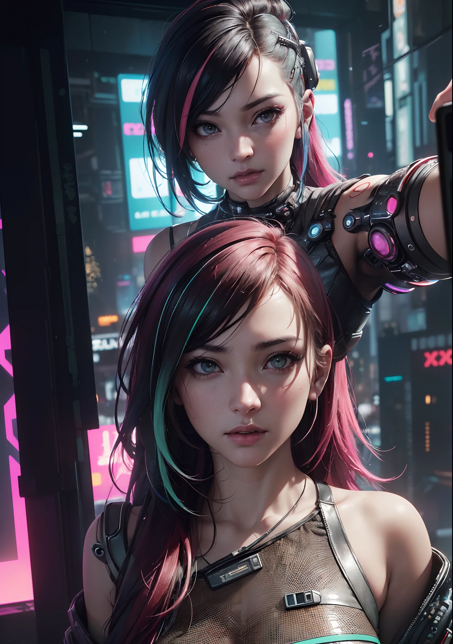 analog style, model shoot style, photo ((selfie:1.8)) of a girl, 1girl, (cyberpunk:1.8, cyberpunk city background:1.8), ((cutest face: 1.8, perfect face:1.3)), (long multicolored hair:1.4, pale skin:1.5), (from above:1.2), best quality, epic (by lee jeffries photo, sony a7, 50 mm, pores:1.5, colors, hyperdetailed:1.5, film grain:1.4, hyperrealistic: 1.5), octane render, hyper-realistic lifelike texture, masterpiece, unreal engine 5, Extremely detailed CG unity 8k wallpaper, Madly detailed photo, hyper-realistic light, (Winner of the Pulitzer Prize for Photography and Taylor Wessing Photographic Prize)