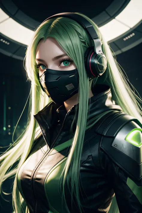 girl with long green hair, green eyes, futuristic vibes, mask on mouth, headphones, 8k, high quality, simple background, glowing...