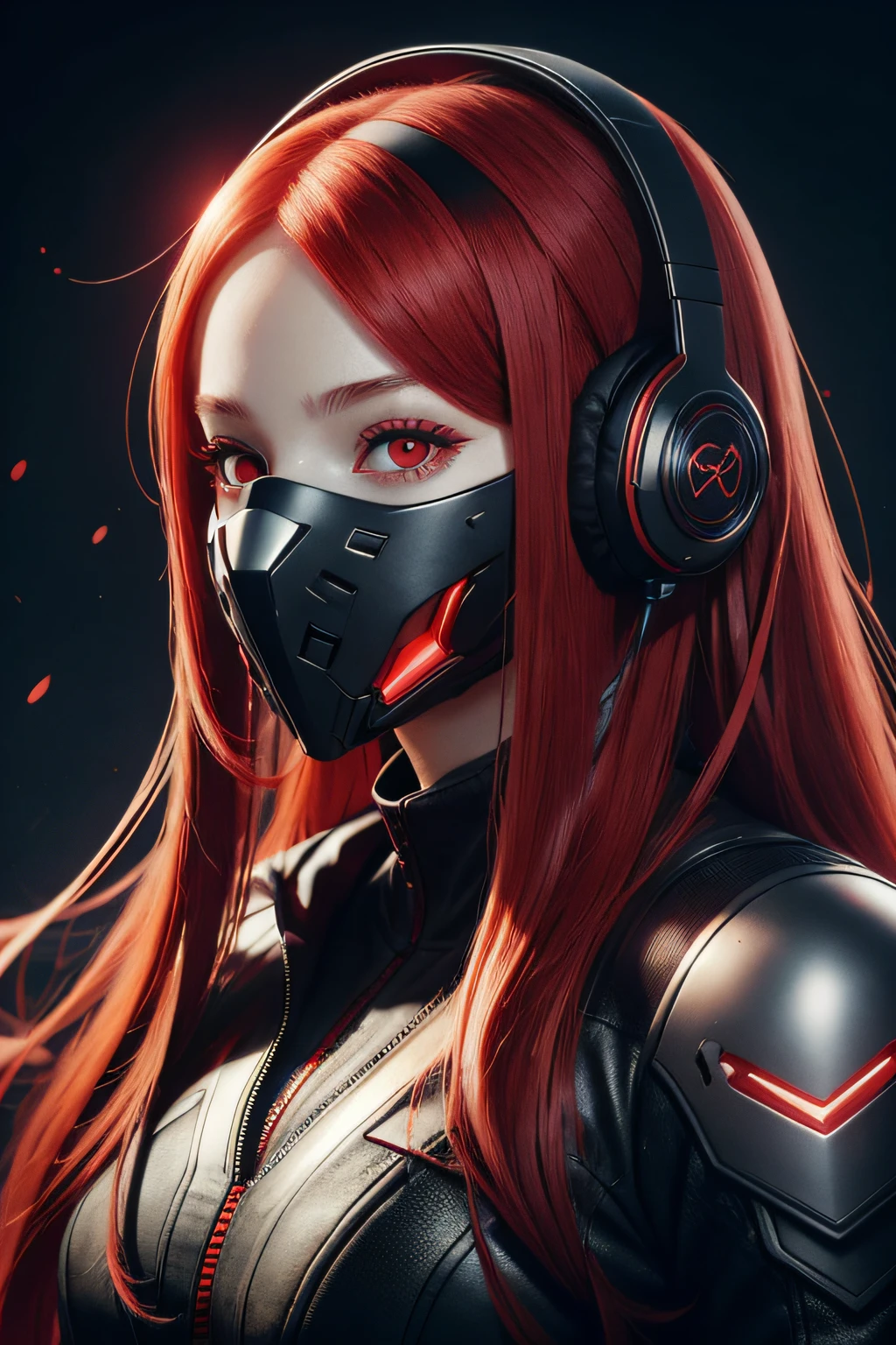 garota com longos cabelos ruivos, olhos vermelhos, vibrações futuristas, máscara na boca, fones de ouvido, 8K, alta qualidade, fundo simples, olhos brilhantes, boa pose
