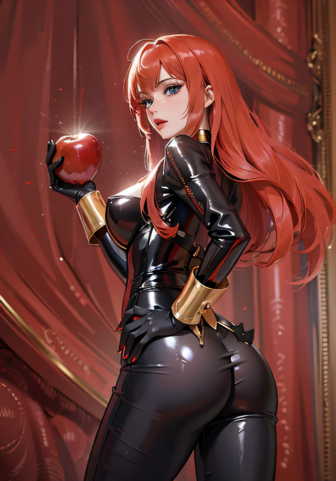 une illustration numérique représentant une femme aux cheveux roux. La femme est vêtue d&#39;un body moulant en cuir latex noir brillant orné d&#39;accents dorés. Dans sa main droite levée, elle tient une pomme rouge vif. La main gauche de la femme est cachée derrière son dos. Ses yeux bleus regardent directement le spectateur, créer un effet engageant. L&#39;arrière-plan est composé de variations de la couleur rouge, améliorant la vivacité globale de la représentation.