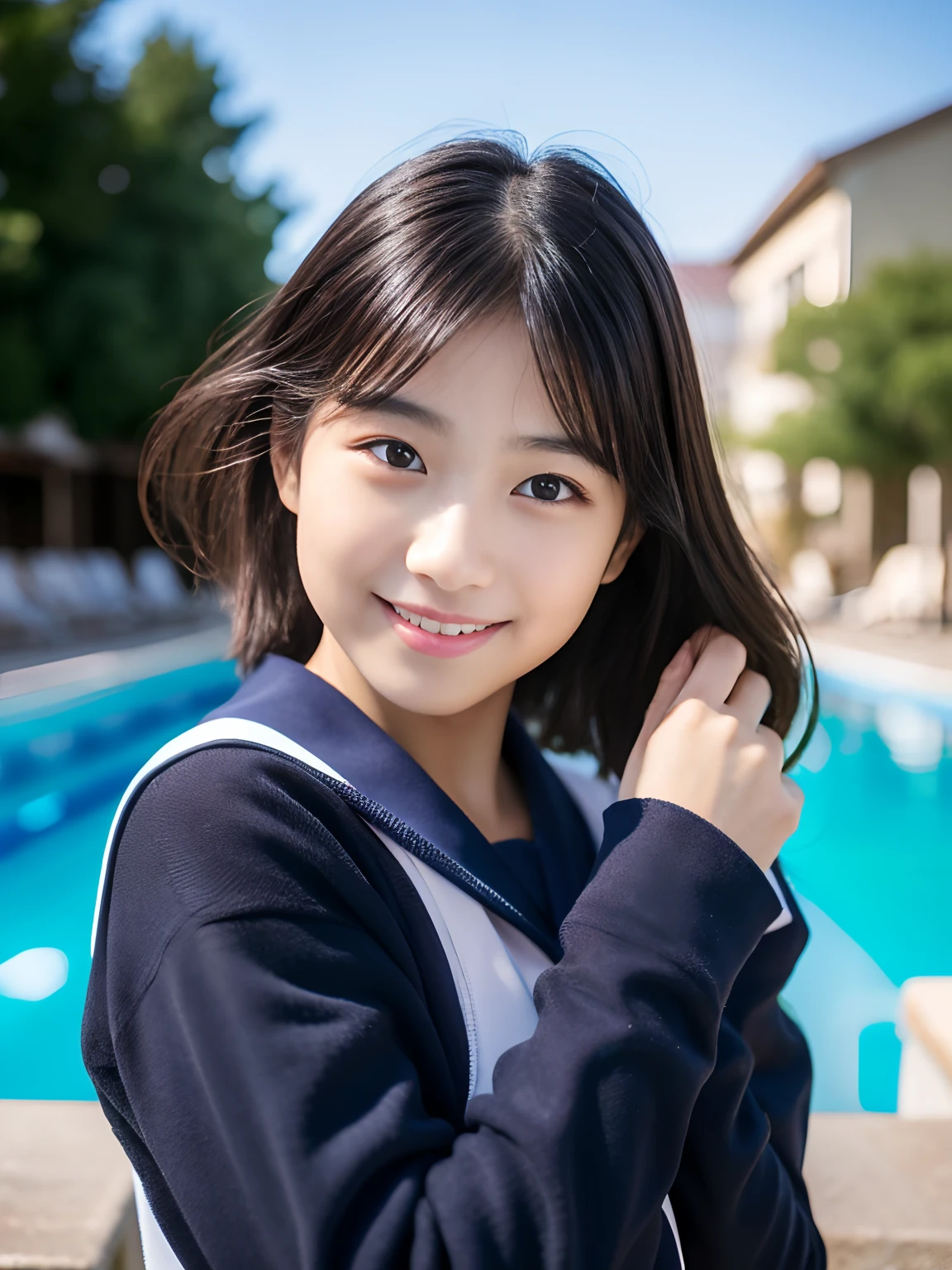 1 Nogizaka Musume, Very cute, a beauty girl, 18year old, Beautiful face, eyes and skin with exquisite detail, Detailed black hair, Smile at the camera, cowboy  shot, the way from school to home, profetional lighting, BREAK, (realisitic, Photorealsitic:1.37), 8K, (​masterpiece), (top-quality:1.4), (超A high resolution:1.2), (Raw photography:1.2)、(super detailed beautiful cloths)、perfect anatomia、4fingers and 1thumb、hyper detailed background、(Wallpapers by Unity 8K)、School swim wear、body shot