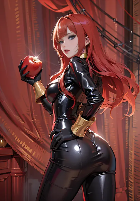 a digital illustration featuring a red-haired woman. The woman is dressed in a skin-tight shiny black latex leather bodysuit ado...