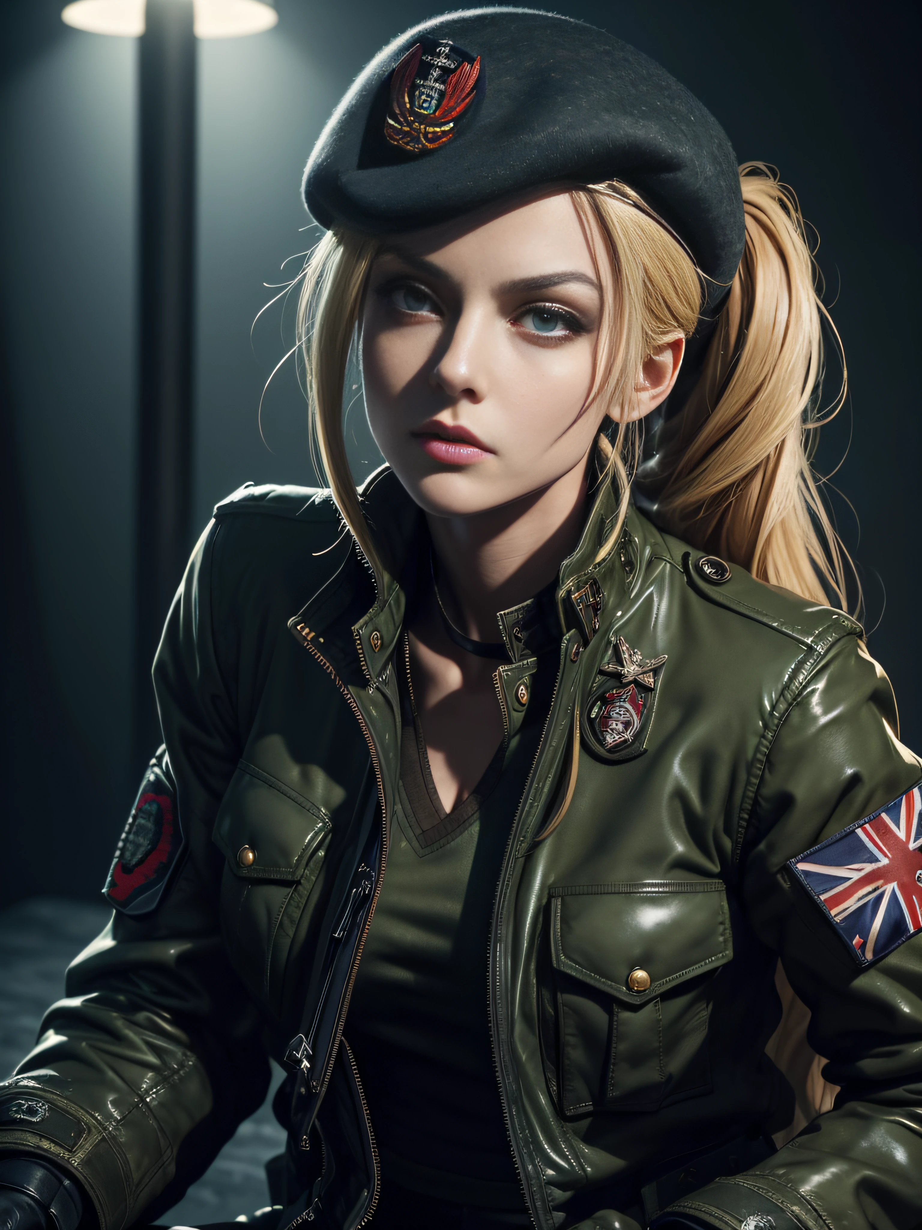 "(exquisitely detailed CG unity 8k wallpaper, masterpiece-quality with stunning realism), (best illumination, best shadow), (best quality), (elegant and demonic style:1.2), Arti modern anime. angled view, heroic pose, closeup full body portrait of stunningly beautiful cammy from street fighter, Masterpiece, best quality, highres, mature Cammy white, twin braids, long hair, blonde hair, antenna hair, beret, (red headwear:1), blue eyes, scar on cheek, green military croptop, green military shorts, red gloves, fingerless gloves, camouflage, (fully clothed:1), abs, depth of field blur effect, night, full zoom, action portrait, photorealistic. cinematic lighting, highly detailed. best quality, 4k, Better hand, perfect anatomy, leaning forward, foreshortening effects, coy flirty sexy expression, foreshortening effect, (piercing eyes:0.8), surrounded by an ominous and dark atmosphere, accentuated by dramatic and striking lighting, imbued with a sense of surreal fantasy". wearing laced military boots:1.5), (resting in MI6 headquarters:1) (wearing a British Military jacket:1.5) (mature:0.5)