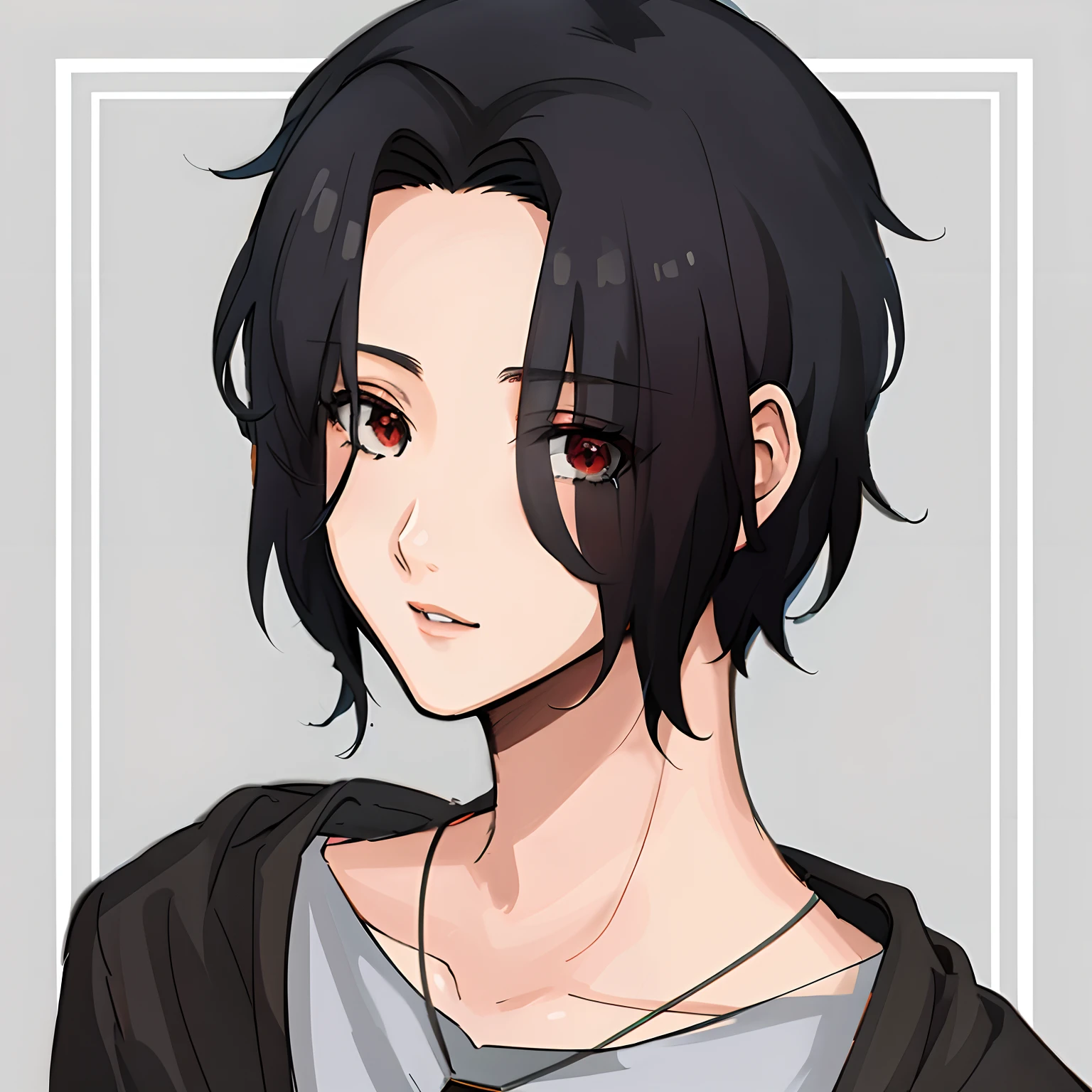 Anime girl with black hair and red eyes in a gray shirt - SeaArt AI