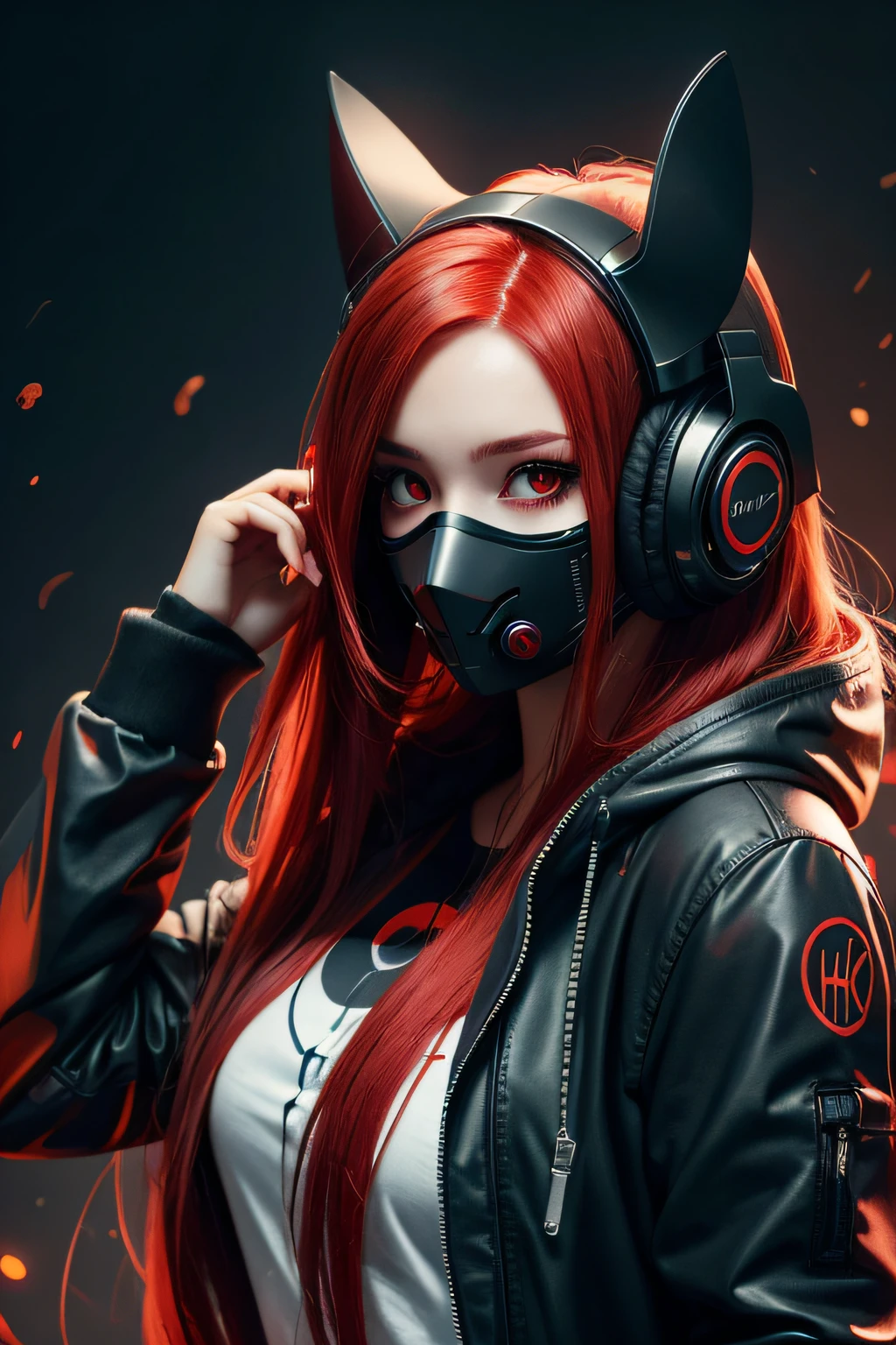 girl with long red hair, red eyes, futuristic vibes, mask on mouth, headphones, 8k, high quality, simple background, glowing eyes, nice pose