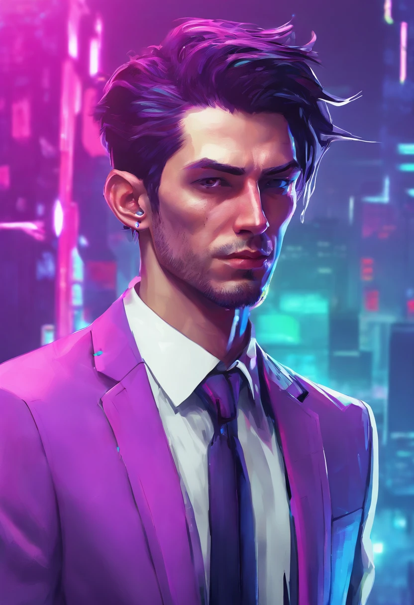 ((Skinny, lanky, normal, mid-30s, unshaven, white, ((American, pale skin, english)), male, businessman wearing a basic suit and tie, nose ring)), cowboy shot, (black short shaggy hair with purple highlights), ((office background)), (highly detailed photo realistic), sharp focus, ultra high quality, vibrant, masterpiece, (cinematic lighting), ((male))