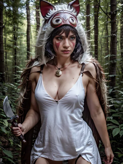 ((Angry face, Big bone knife in one hand,)) (mononoke hime), RED MASK, 1girl, armlet, bangs, black hair, white undershirt, breasts, circlet, earrings, facepaint, floating hair, magical forest, fur cape, grey eyes, jewelry, angry looking, medium breasts, na...