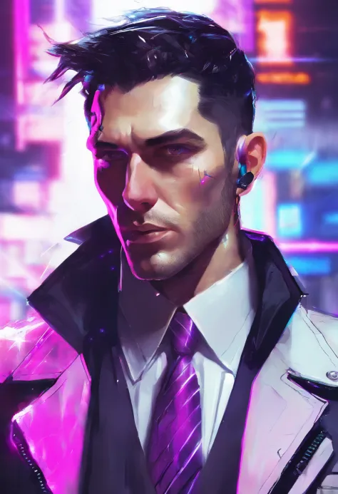 ((Skinny, lanky, normal, mid-30s, unshaven, white, ((American, pale skin, english)), male, businessman wearing a basic suit and tie, nose ring)), cowboy shot, (black short shaggy hair with purple highlights), ((office background)), (highly detailed photo r...