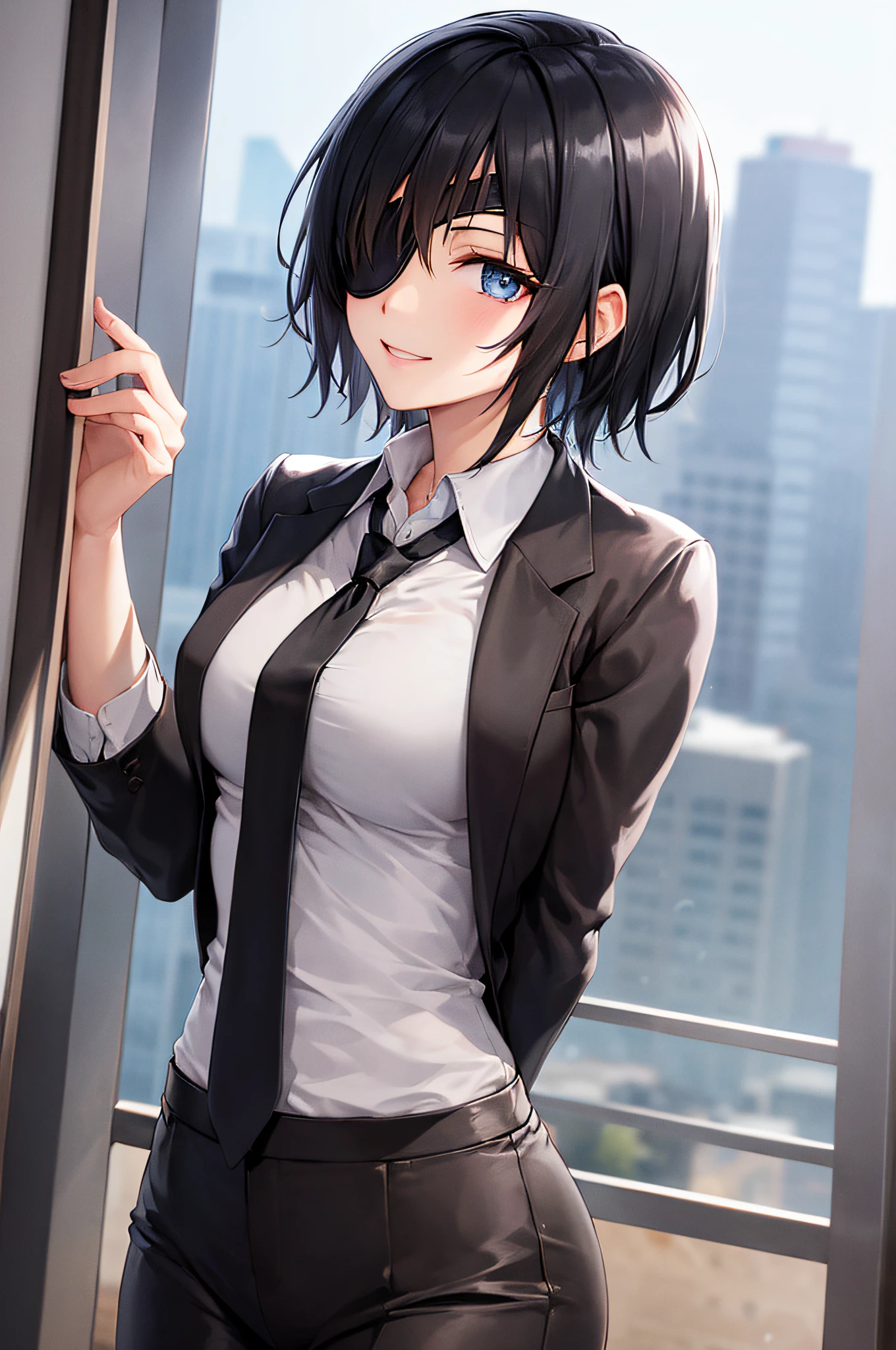 1girl, hmn1, short hair, black hair, blue eyes, (eyepatch:1.1), smile,
BREAK white shirt, collared shirt, black necktie, black pants, business suit, formal, long sleeves, necktie, pants, suit, black jacket,
BREAK looking at viewer,
BREAK indoors, office, windows, 
BREAK (masterpiece:1.2), best quality, high resolution, unity 8k wallpaper, (illustration:0.8), (beautiful detailed eyes:1.6), extremely detailed face, perfect lighting, extremely detailed CG, (perfect hands, perfect anatomy),