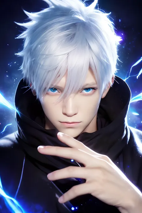 top-quality, 8K, ultra-detailliert, Photorealsitic, messy white hair、Aquamarine eyes、White lashes、Divine Rays、Ray tracing、drop shadow、optical illusion、The upper part of the body、Looking at the camera, Jujutsu Kaisen、Gojo Gojo、Black costume、Surgical unfoldi...