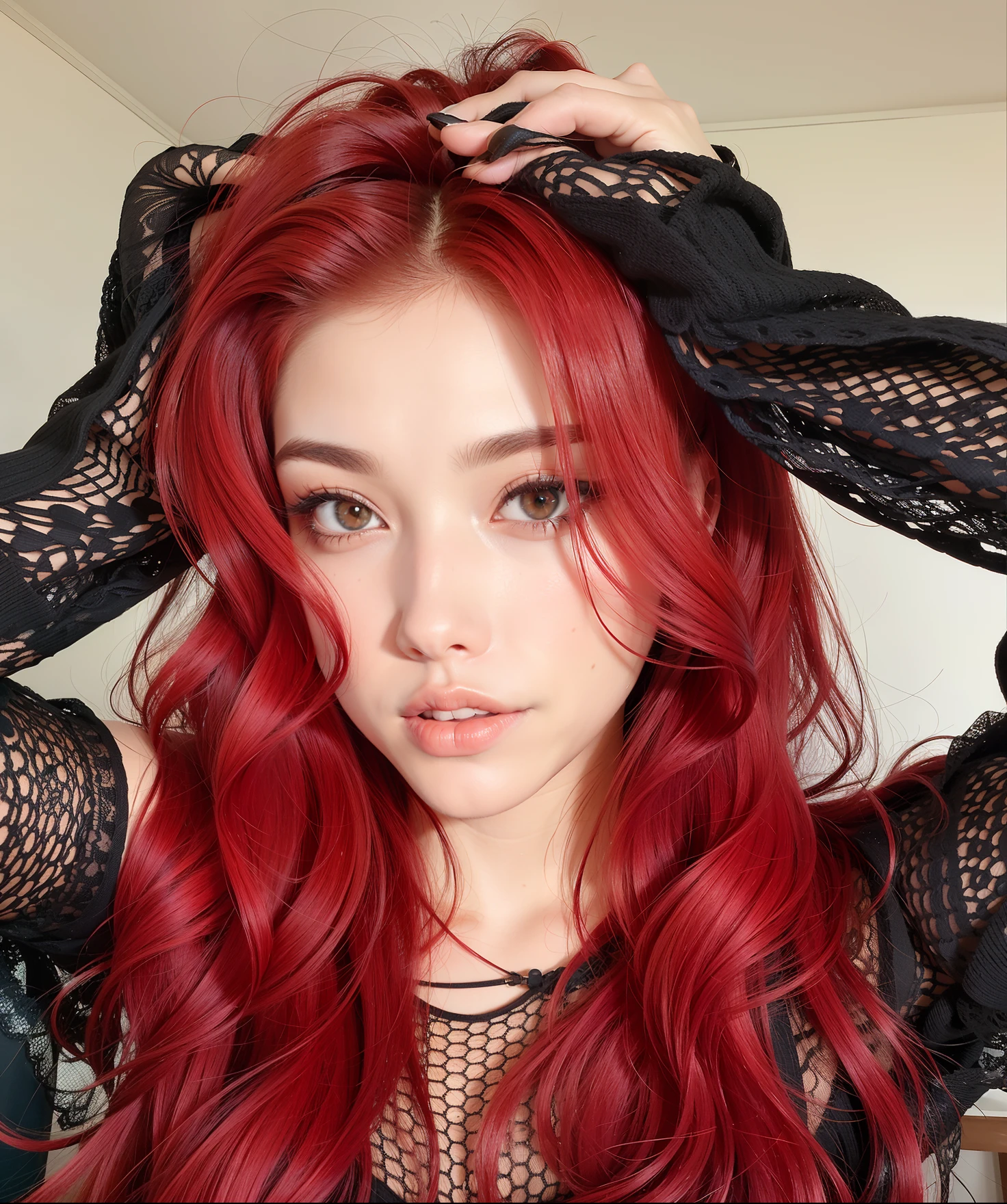 arafed femme aux cheveux rouges et haut noir posant pour une photo, cheveux teints en rouge, aux cheveux roux cacheados, avec de longs cheveux roux, aux cheveux roux, perruque rouge, cheveux rouge cramoisi et yeux rouges, cheveux rouge vif, cheveux roux éclatants, cheveux roux and attractive features, cheveux roux, cheveux roux ondulés vibrants, messy square vibrant cheveux roux, cheveux longs roux