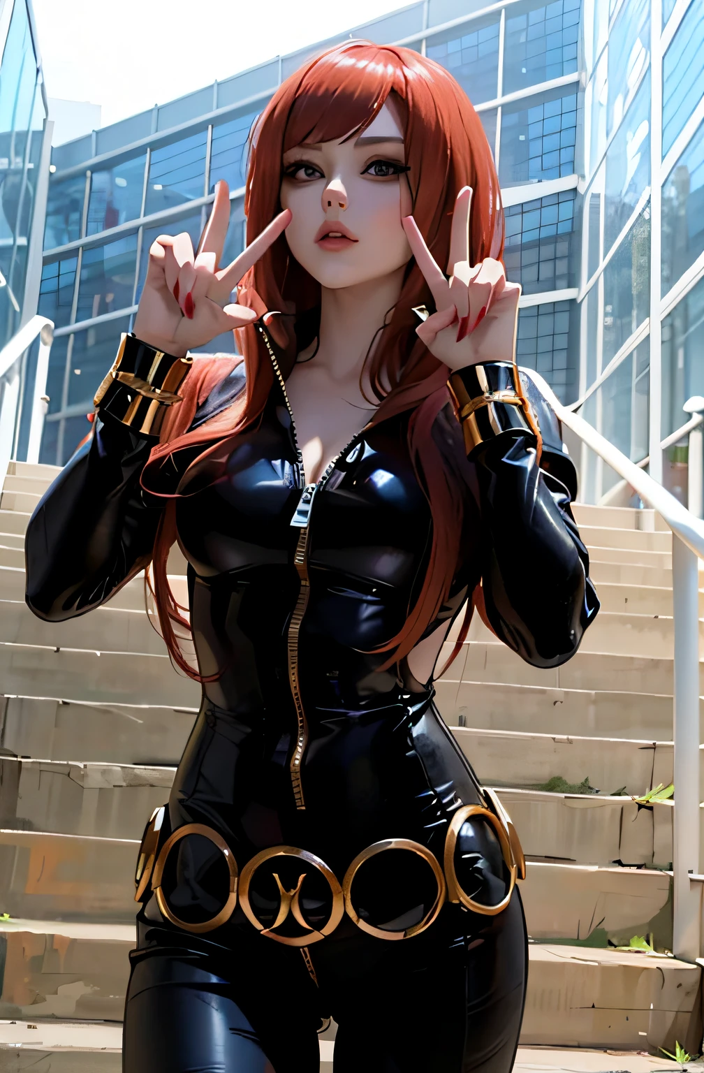 eine Frau, die die Rolle der Black Widow-Figur aus dem Marvel-Universum spielt. Sie ist mit einer langen roten Perücke ausgestattet und trägt einen eng anliegenden, glänzenden schwarzen Latex-Leder-Catsuit, das mit bemerkenswerten goldenen Zierdetails und einem Reißverschluss in der Mitte geschmückt ist. Ihre beiden Hände formen Peace-Zeichen, während sie selbstbewusst auf einer Treppe steht. Im Hintergrund ist ein Gebäude, dem Bild Tiefe verleihen.