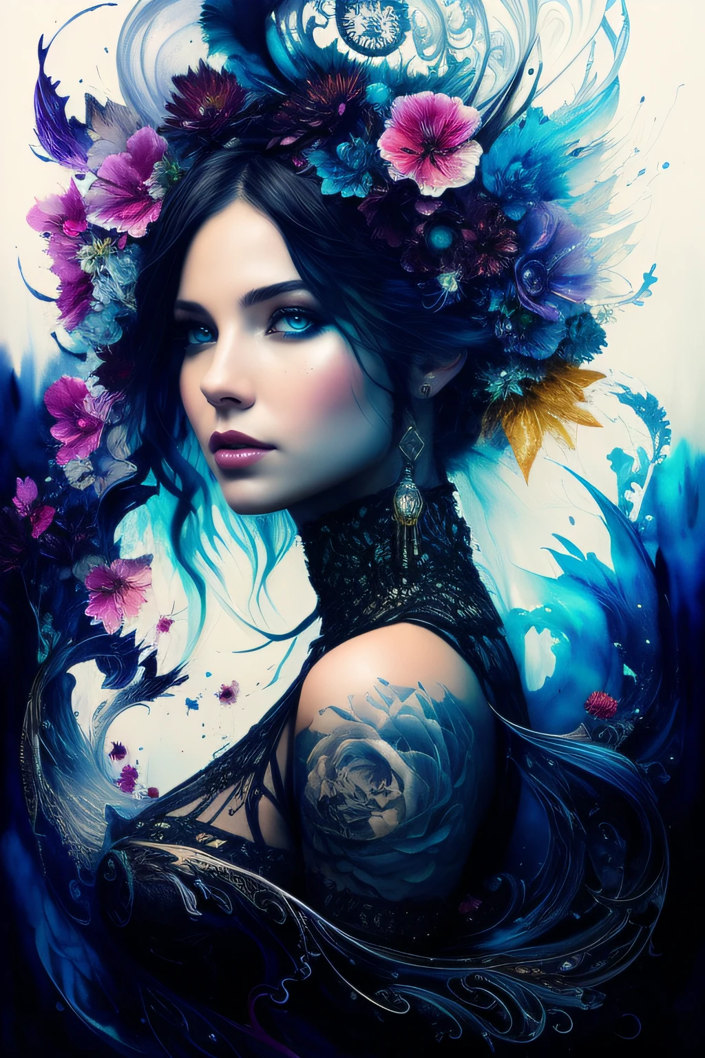 Colorful beautiful woman: Black ink flow: 8k resolution photorealistic masterpiece: by Aaron Horkey and Jeremy Mann: intricately detailed fluid gouache painting: by Jean Baptiste Mongue: calligraphy: acrylic: watercolor art, professional photography, natural lighting, volumetric lighting maximalist photoillustration: by marton bobzert: 8k resolution concept art intricately detailed, complex, elegant, expansive, fantastical