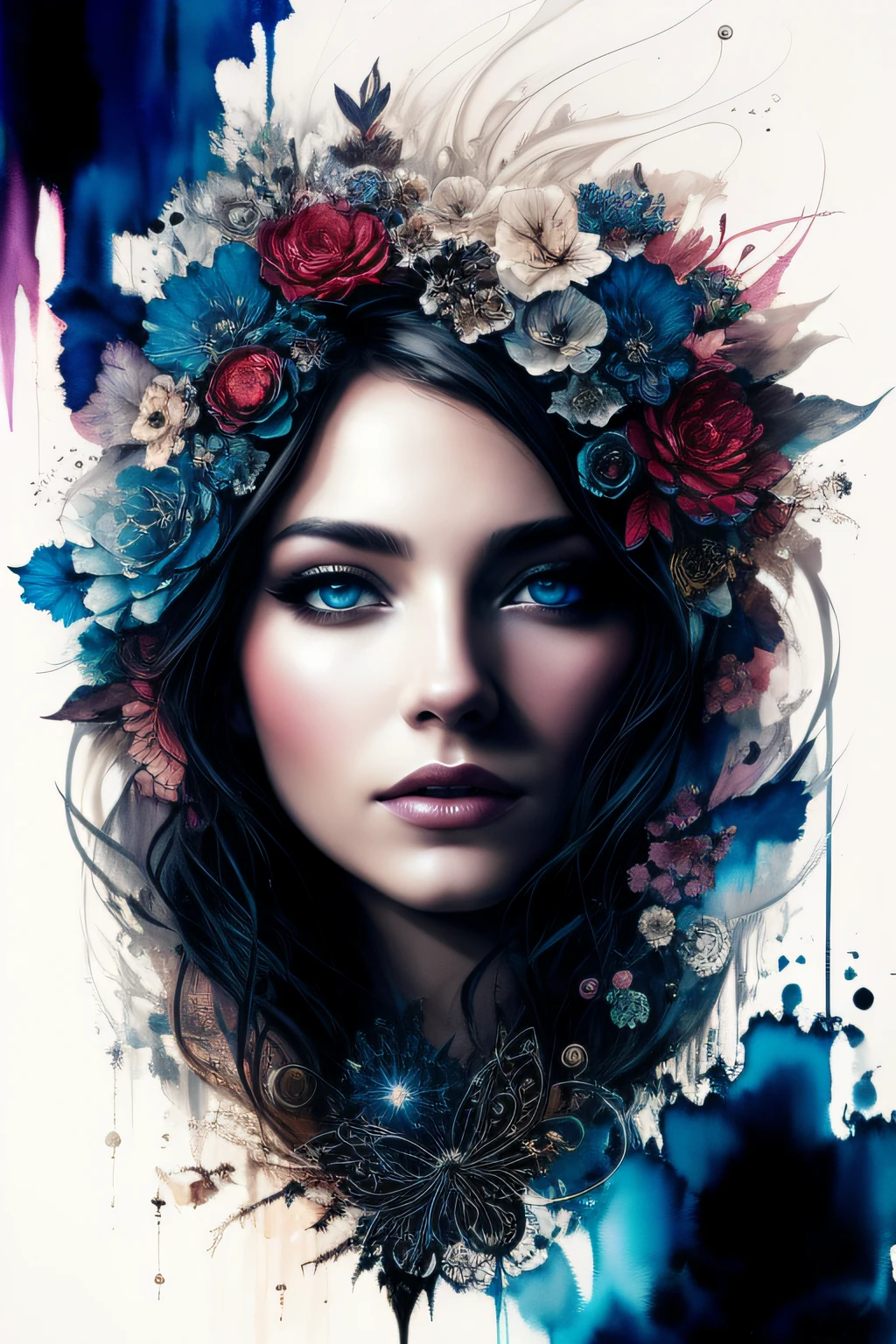 Colorful beautiful woman: Black ink flow: 8k resolution photorealistic masterpiece: by Aaron Horkey and Jeremy Mann: intricately detailed fluid gouache painting: by Jean Baptiste Mongue: calligraphy: acrylic: watercolor art, professional photography, natural lighting, volumetric lighting maximalist photoillustration: by marton bobzert: 8k resolution concept art intricately detailed, complex, elegant, expansive, fantastical