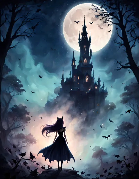 cute cartoon,cutecartoonaf, view from behind, an alluring (solo:1.3) vampire queen, (amidst magical mist:1.2), dark (summer) woo...