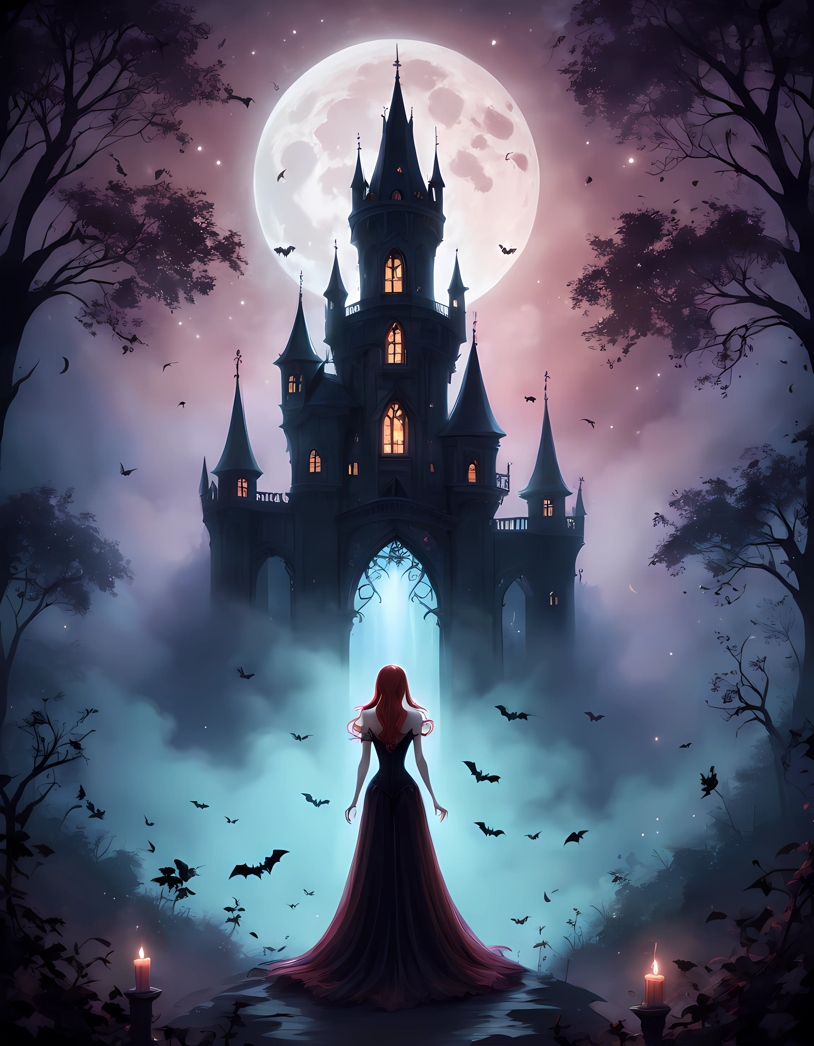 Cute Cartoon,CuteCartoonAF, view from behind, an alluring (solo:1.3) vampire queen, (amidst magical mist:1.2), dark (summer) woods, breathtaking moonlit night, falling stars, gothic tower, (glowing flora), (bats), epic, (performing a ritual:1.3)