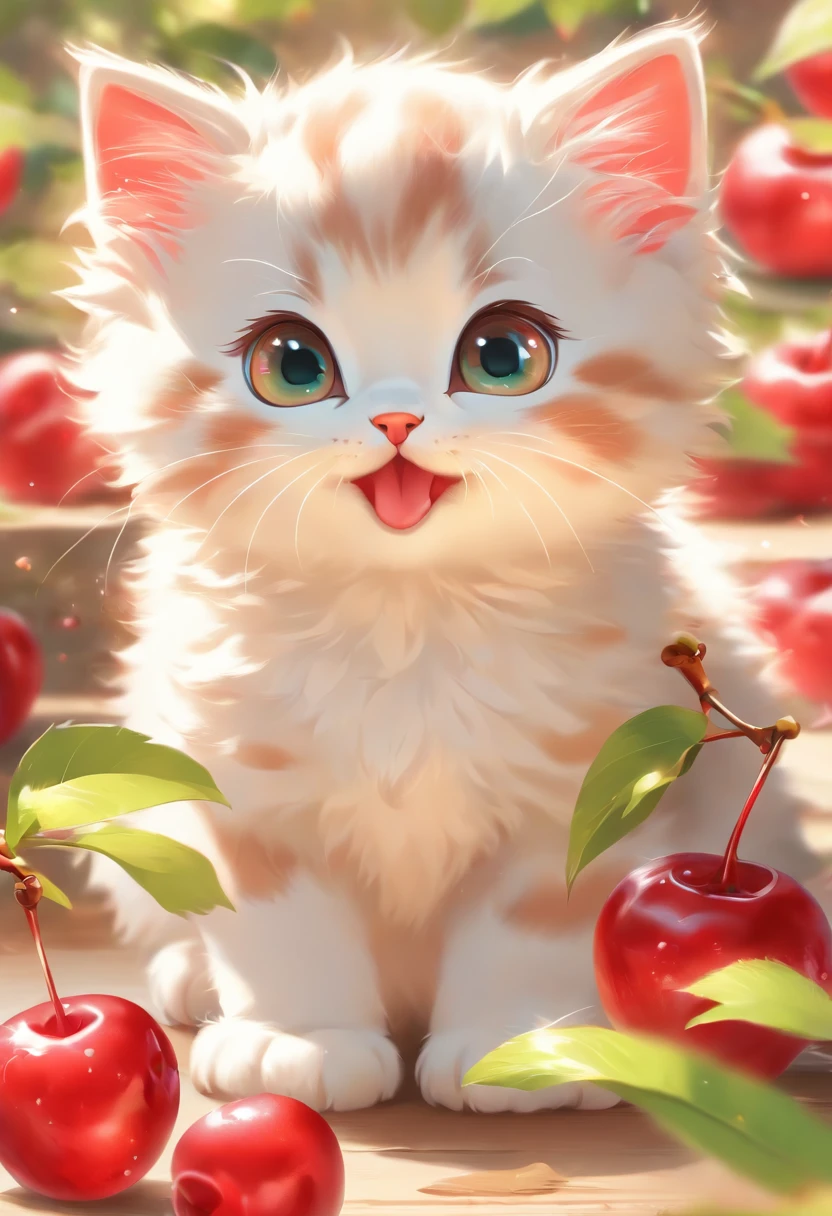 a cute vector of a kitten with cherry, anime style, M Jenni style, digital illustration, approaching perfection, highly detailed, smooth, sharp focus, illustration, 4k resolution