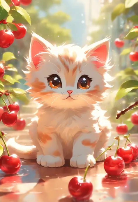 a cute vector of a kitten with cherry, anime style, M Jenni style, digital illustration, approaching perfection, highly detailed, smooth, sharp focus, illustration, 4k resolution