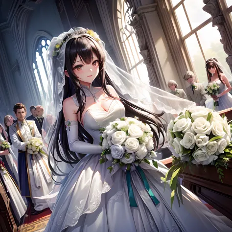 1girll, Masterpiece, A high resolution, Sonic edges_Rias_Gray Murray, ((Wedding dress, chies, Bridal veil, Wedding, Bouquet))