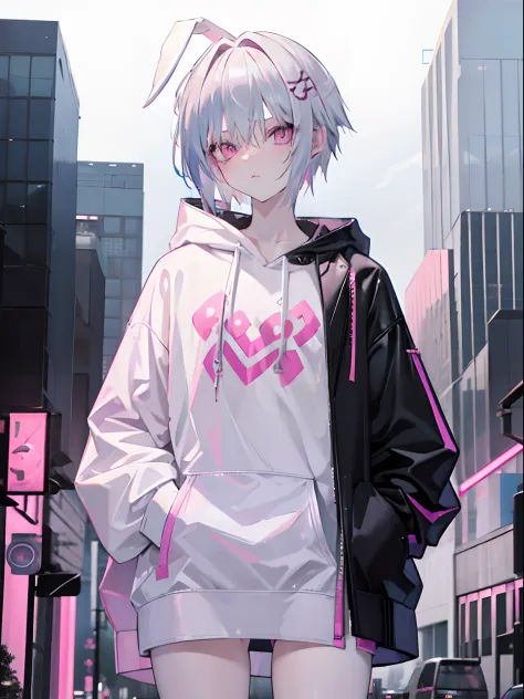 Albino, femboy, medium-length platinum blonde hair, 2 block haircut with pastel pink frosted tips, Flat chest, Hazel eye color, beautiful femboy male, wearing a pastel pink bunny hoodie, no bunny ear on the head.