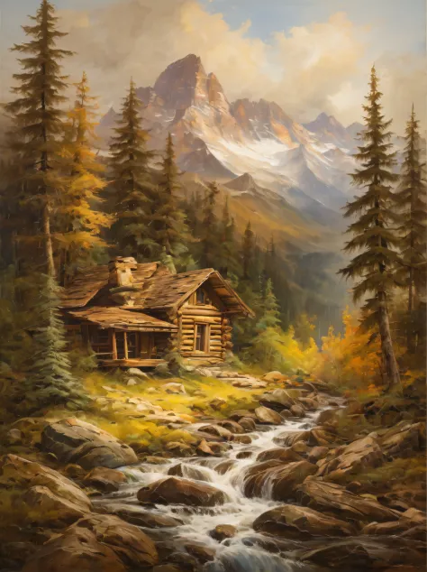 Immerse yourself in the beauty of nature with this captivating painting featuring a rustic mountain cabin blending seamlessly in...